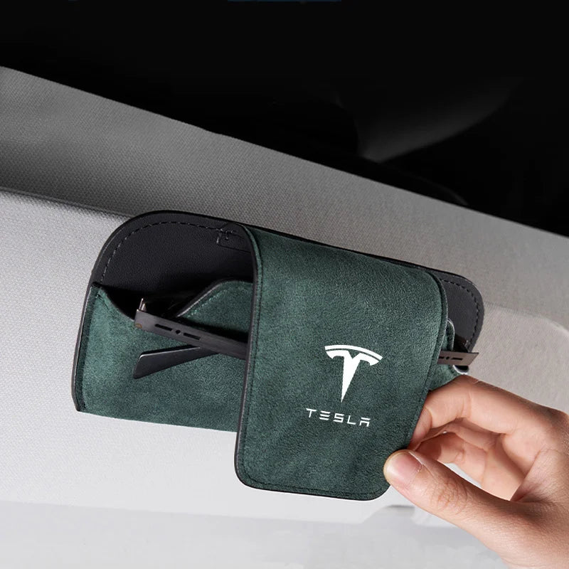 Caja de gafas de cuero de gamuza para Tesla 